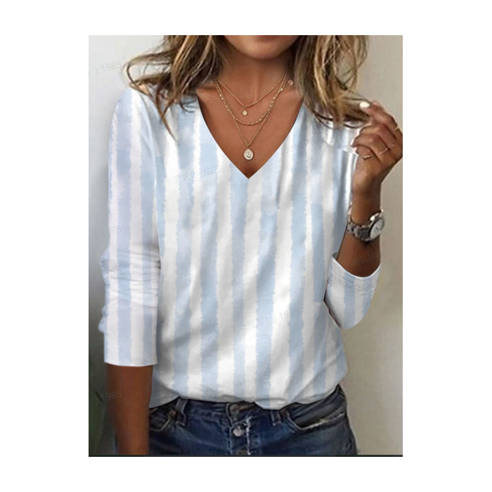 Women's Striped Long Sleeve Tee T-shirt V Neck Printing Casual Spring/Fall Graphic Tee Top