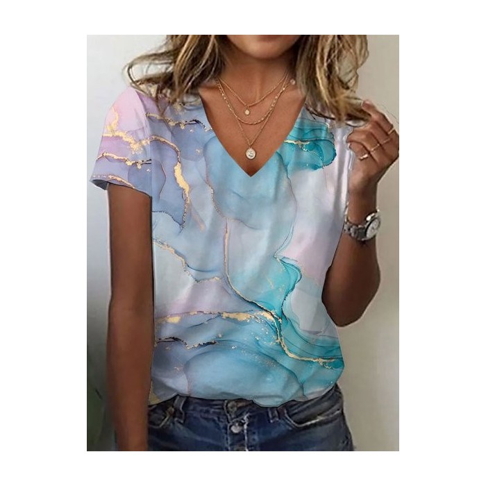 Women's Abstract Short Sleeve Tee T-shirt V Neck Printing Casual Summer Graphic Tee Top