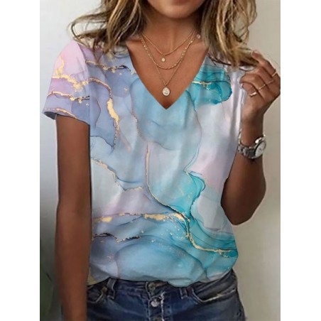 Women's Abstract Short Sleeve Tee T-shirt V Neck Printing Casual Summer Graphic Tee Top