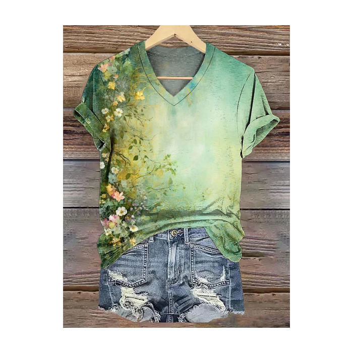 Women's Floral Short Sleeve Tee T-shirt V Neck Printing Casual Summer Graphic Tee Top