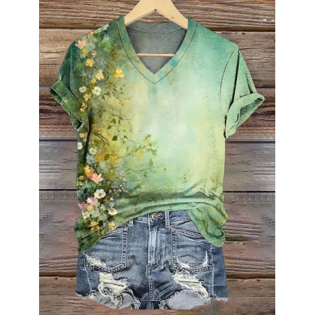 Women's Floral Short Sleeve Tee T-shirt V Neck Printing Casual Summer Graphic Tee Top