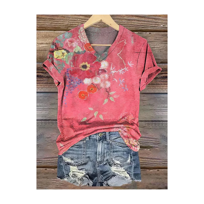 Women's Floral Short Sleeve Tee T-shirt V Neck Printing Casual Summer Graphic Tee Top