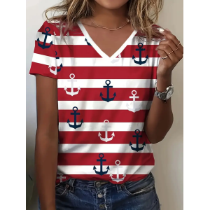 Women's Striped Short Sleeve Tee T-shirt V Neck Printing Casual Summer Graphic Tee Top