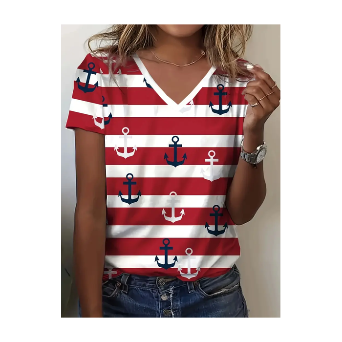 Women's Striped Short Sleeve Tee T-shirt V Neck Printing Casual Summer Graphic Tee Top