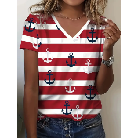 Women's Striped Short Sleeve Tee T-shirt V Neck Printing Casual Summer Graphic Tee Top