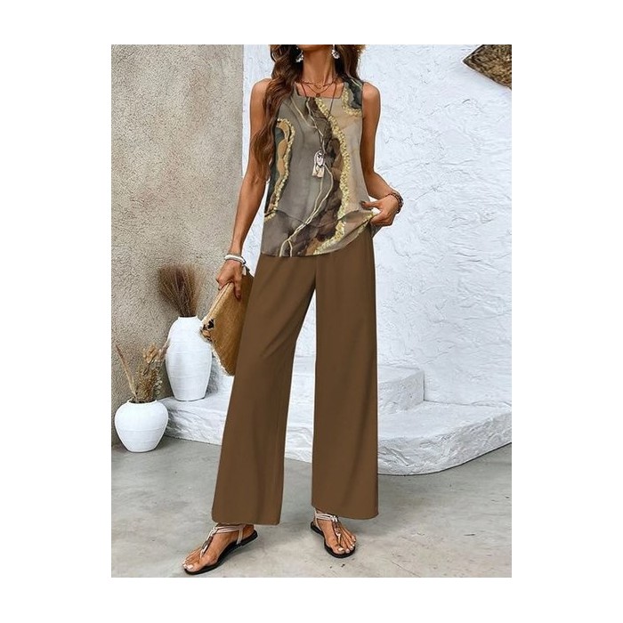 Women's Abstract Daily Going Out Two Piece Set Sleeveless Casual Summer Top With Pants Matching Set Brown