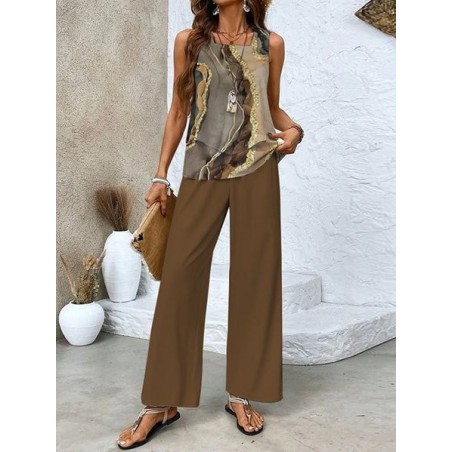 Women's Abstract Daily Going Out Two Piece Set Sleeveless Casual Summer Top With Pants Matching Set Brown