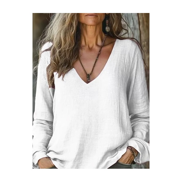 Women's Long Sleeve Tee T-shirt Spring/Fall Plain Printing V Neck Casual Top
