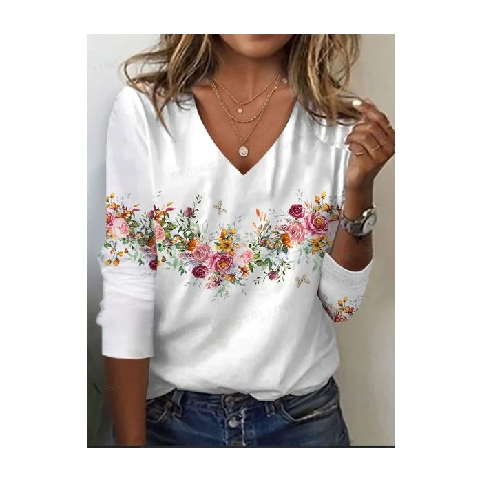 Women's Floral Long Sleeve Tee T-shirt V Neck Printing Casual Spring/Fall Graphic Tee Top