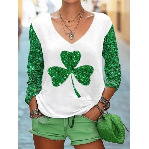 Women's Long Sleeve Tee T-shirt Spring/Fall Shamrock St Patrick's Day Floral V Neck Casual Graphic Tee Top