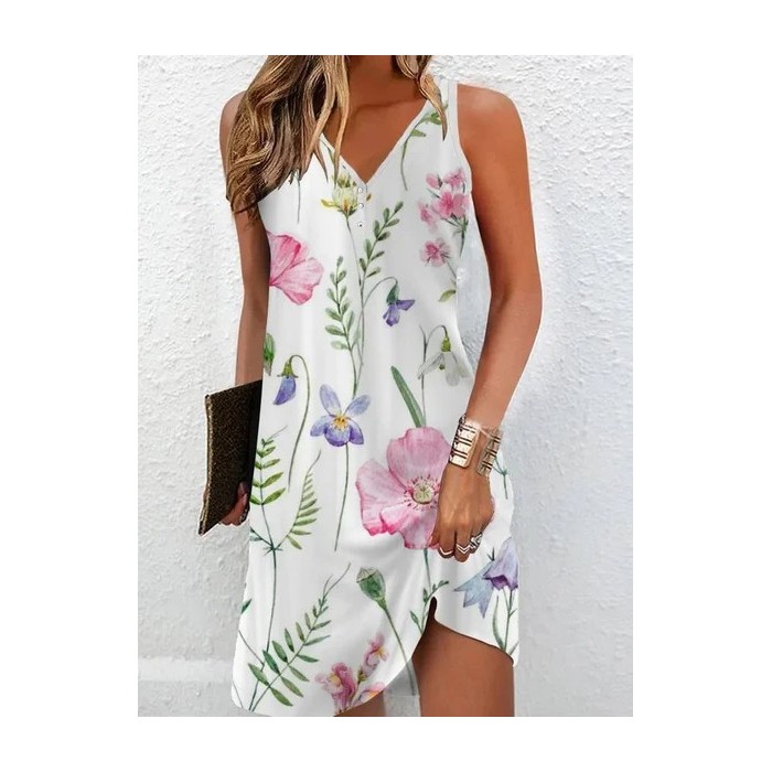 Women's Sleeveless Summer Floral Buckle Dress Notched Daily Going Out Casual Mini H-Line Tank