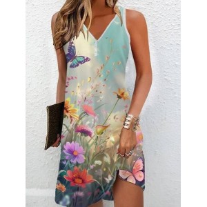Women's Sleeveless Summer Floral Printing Dress Notched Daily Going Out Casual Mini Tank H-Line Dress