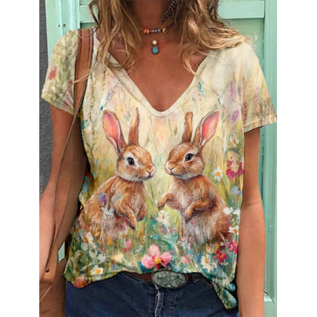 Women's Easter (rabbit) Short Sleeve Tee T-shirt V Neck Printing Casual Summer Graphic Tee Top