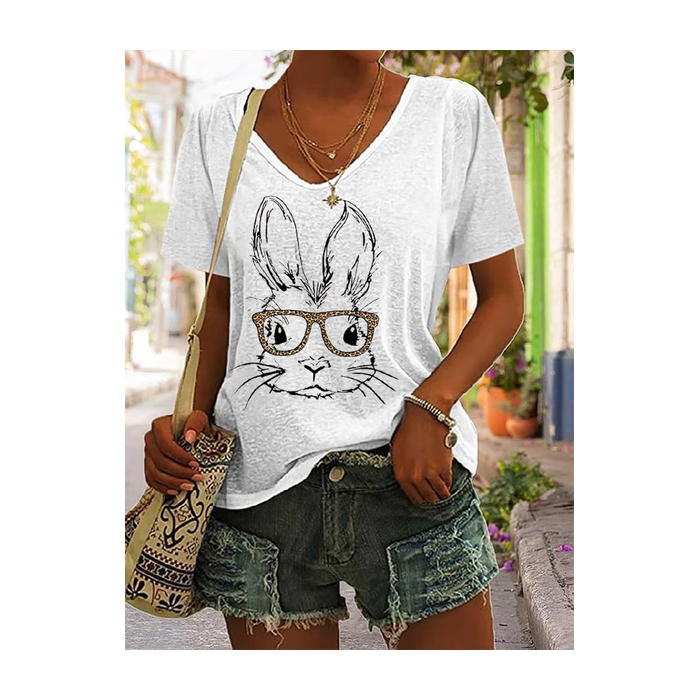 Women's Easter (rabbit) Short Sleeve Tee T-shirt V Neck Printing Casual Summer Graphic Tee Top