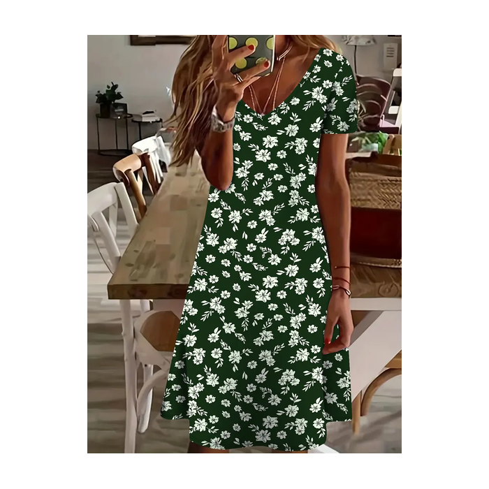 Women's Floral Short Sleeve Summer Printing Dress V Neck Daily Casual Knee Length T-Shirt Dress H-Line Dress