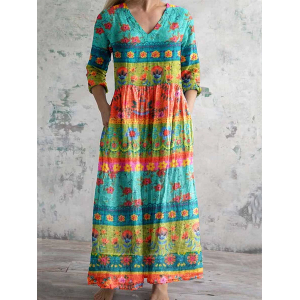 Women's Long Sleeve Spring/Fall Striped Dress V Neck Holiday Going Out Vintage Maxi T-Shirt Dress A-Line Dress