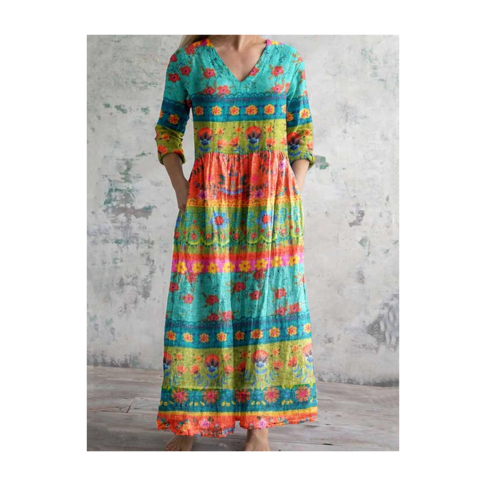 Women's Long Sleeve Spring/Fall Striped Dress V Neck Holiday Going Out Vintage Maxi T-Shirt Dress A-Line Dress