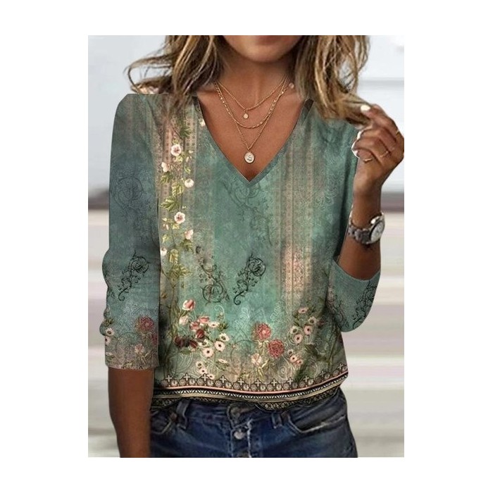 Women's Ethnic Floral Long Sleeve Tee T-shirt V Neck Casual Spring/Fall Top
