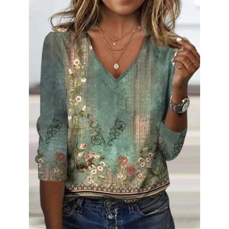 Women's Ethnic Floral Long Sleeve Tee T-shirt V Neck Casual Spring/Fall Top