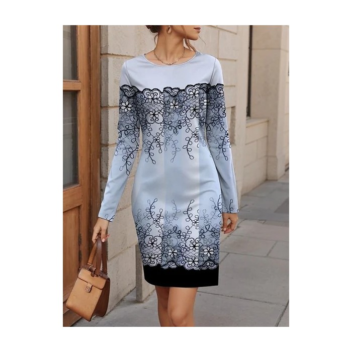 Women's Long Sleeve Spring/Fall Plants Jersey Dress Floral Holiday Going Out Casual Mini H-Line T-Shirt Dress