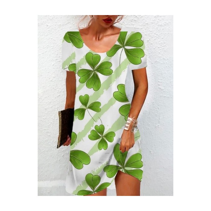 Women's St Patricks Day Four-leaf Clover Print Mini Short Sleeve Floral Dress