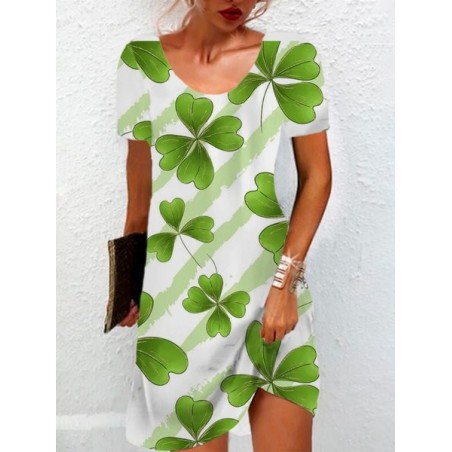 Women's St Patricks Day Four-leaf Clover Print Mini Short Sleeve Floral Dress