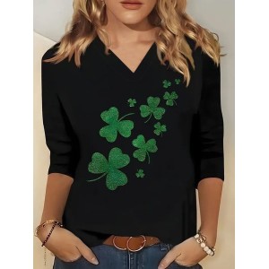 Women's Long Sleeve Tee T-shirt Spring/Fall Shamrock St. Patrick's Day Floral V Neck Casual Top