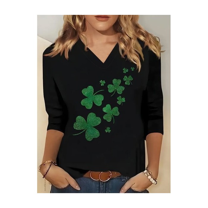 Women's Long Sleeve Tee T-shirt Spring/Fall Shamrock St. Patrick's Day Floral V Neck Casual Top