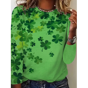 Women's Long Sleeve Tee T-shirt Spring/Fall Shamrock St. Patrick's Day Floral Casual Top