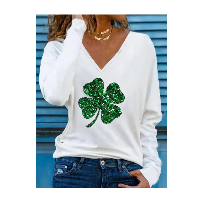 Women's Long Sleeve Tee T-shirt Spring/Fall Shamrock St. Patrick's Day Floral V Neck Casual Top