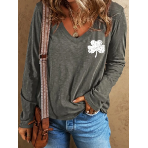 Women's St Patrick's Day Long Sleeve Tee Floral T-shirt Spring/Fall Shamrock Printing V Neck Casual Top