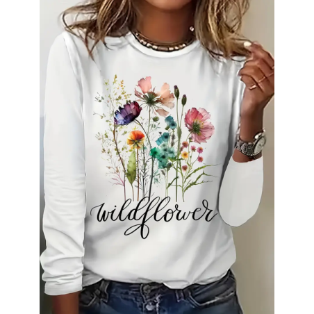 Women's Floral Long Sleeve Tee T-shirt Crew Neck Printing Casual Spring/Fall Graphic Tee Top