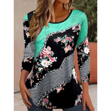 Women's Floral Long Sleeve Tee T-shirt Crew Neck Printing Casual Spring/Fall Graphic Tee Top