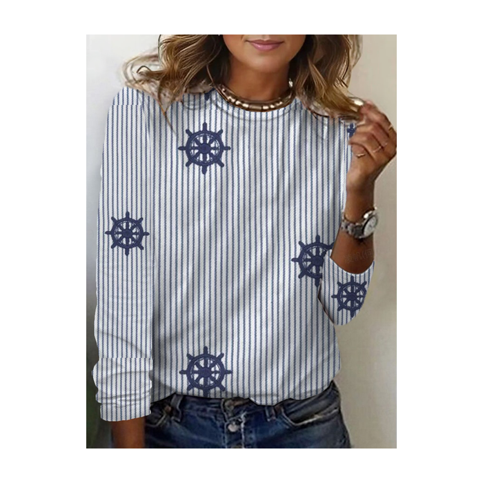 Women's Striped Long Sleeve Tee T-shirt Crew Neck Printing Casual Spring/Fall Graphic Tee Top