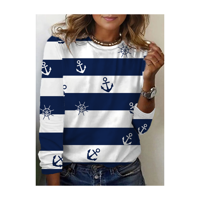 Women's Striped Long Sleeve Tee T-shirt Crew Neck Printing Casual Spring/Fall Graphic Tee Top
