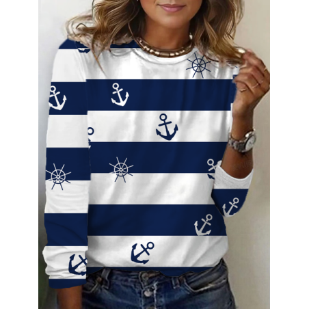 Women's Striped Long Sleeve Tee T-shirt Crew Neck Printing Casual Spring/Fall Graphic Tee Top