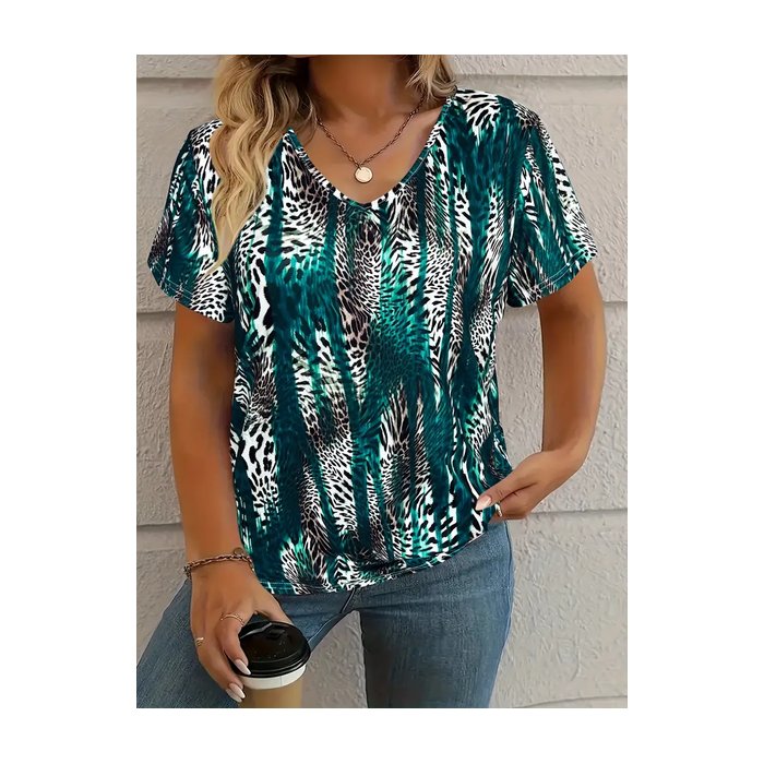 Women's Leopard Short Sleeve Tee T-shirt V Neck Printing Casual Summer Graphic Tee Top