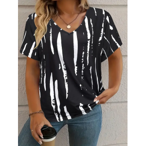 Women's Abstract Stripes Short Sleeve Tee T-shirt V Neck Printing Casual Summer Graphic Tee Top