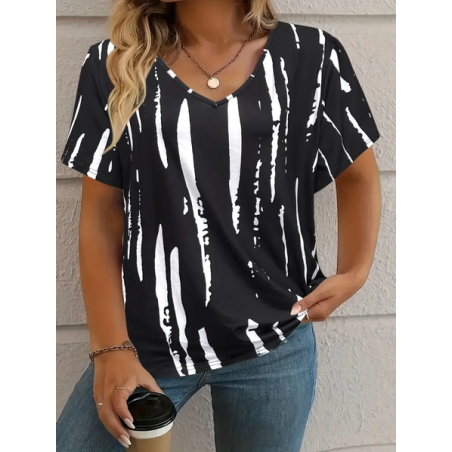 Women's Abstract Stripes Short Sleeve Tee T-shirt V Neck Printing Casual Summer Graphic Tee Top