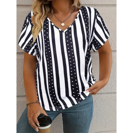 Women's Striped Short Sleeve Tee T-shirt V Neck Printing Casual Summer Graphic Tee Top