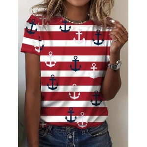 Women's Short Sleeve Tee T-shirt Summer Striped Printing Crew Neck Casual Graphic Tee Top