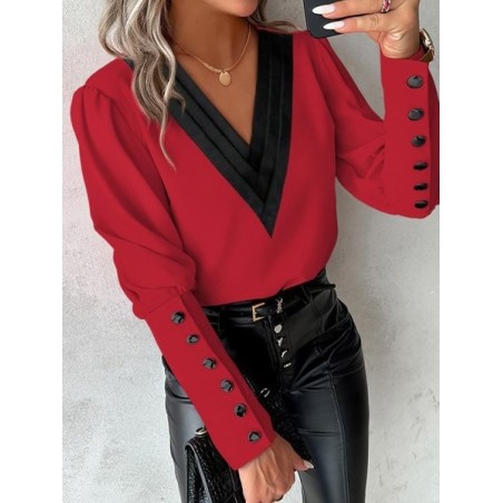 Women's Long Sleeve Blouse Spring/Fall Color Block Buckle V Neck Daily Going Out Casual Top