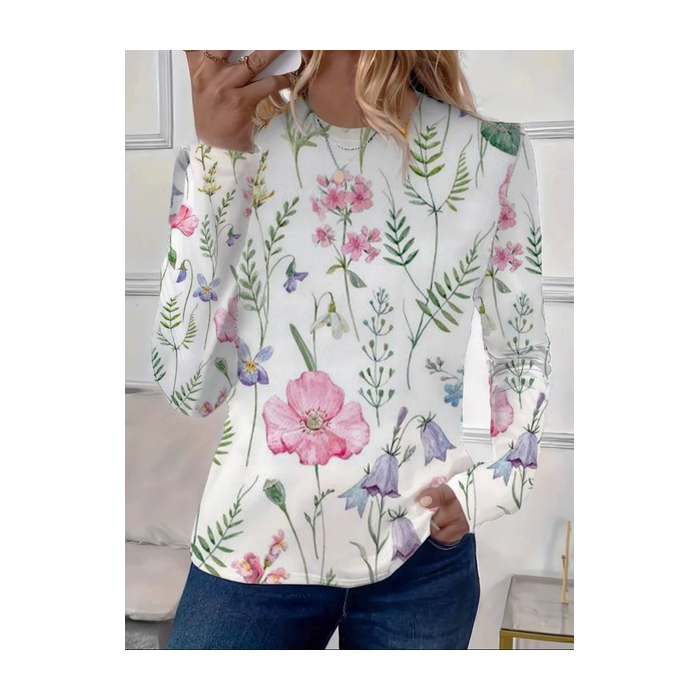 Women's Long Sleeve Tee T-shirt Spring/Fall Floral Printing Crew Neck Casual Graphic Tee Top