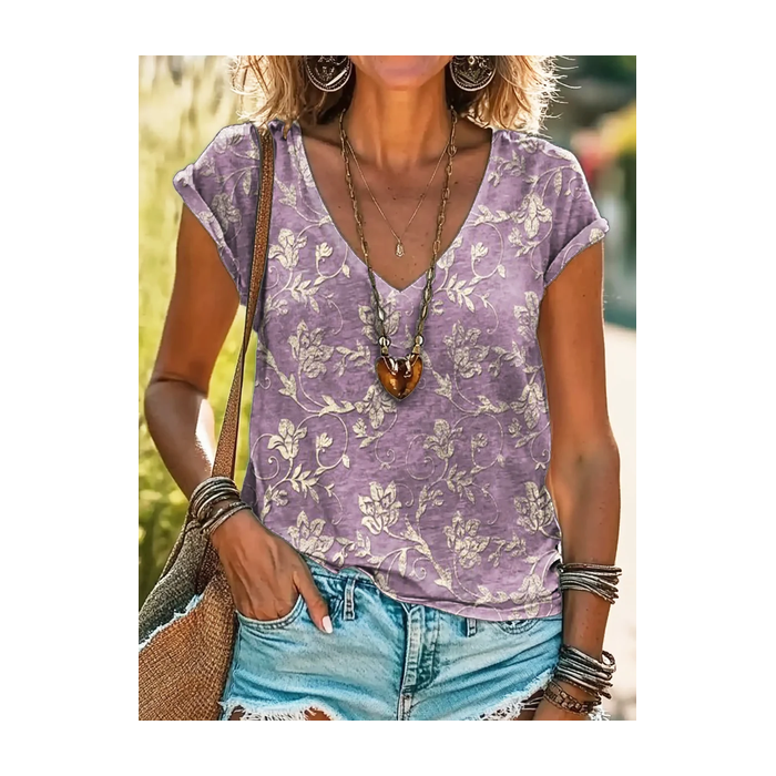 Women's Short Sleeve Tee T-shirt Summer Floral Printing V Neck Casual Graphic Tee Top