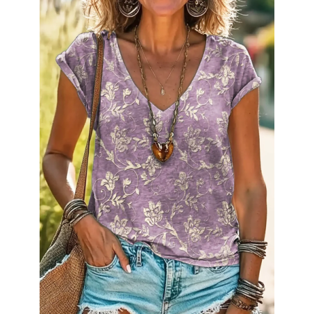 Women's Short Sleeve Tee T-shirt Summer Floral Printing V Neck Casual Graphic Tee Top