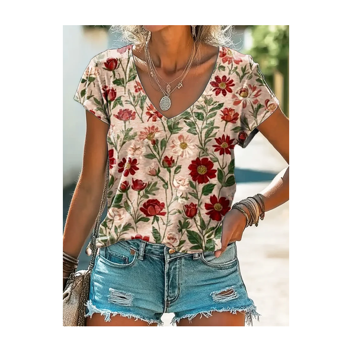 Women's Short Sleeve Tee T-shirt Summer Floral Printing V Neck Casual Graphic Tee Top