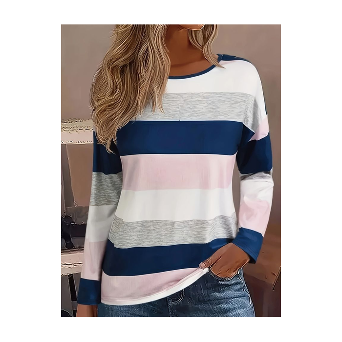 Women's Long Sleeve Tee T-shirt Spring/Fall Striped Printing Crew Neck Casual Graphic Tee Top