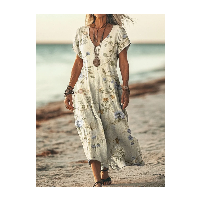 Women's Short Sleeve Summer Floral Printing Dress V Neck Daily Going Out Casual Maxi T-Shirt Dress H-Line Dress