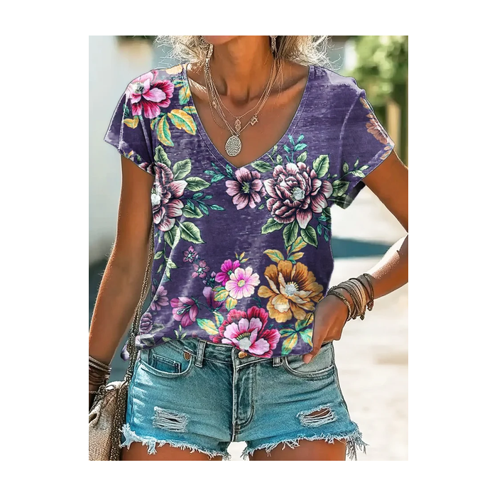Women's Short Sleeve Tee T-shirt Summer Floral V Neck Casual Graphic Tee Top
