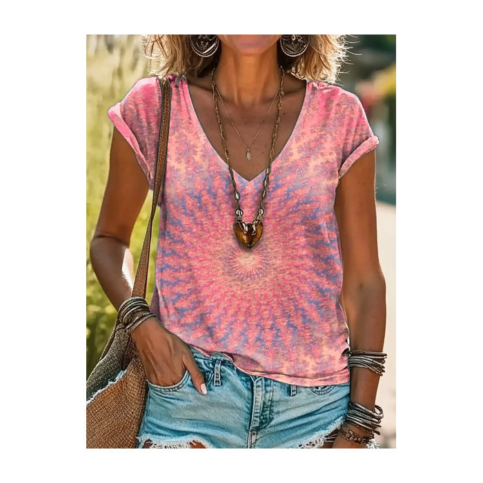Women's Short Sleeve Tee T-shirt Summer Tie Dye Printing V Neck Casual Graphic Tee Top